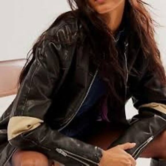 We The Free People Ryder Striped Leather Coat Jacket Black Large L NWT - Picture 3 of 7